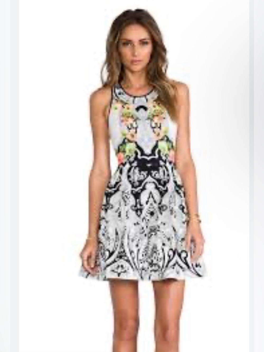 Juicy Couture Black & White Paisley Fit-and-Flare Dress with Floral Accents